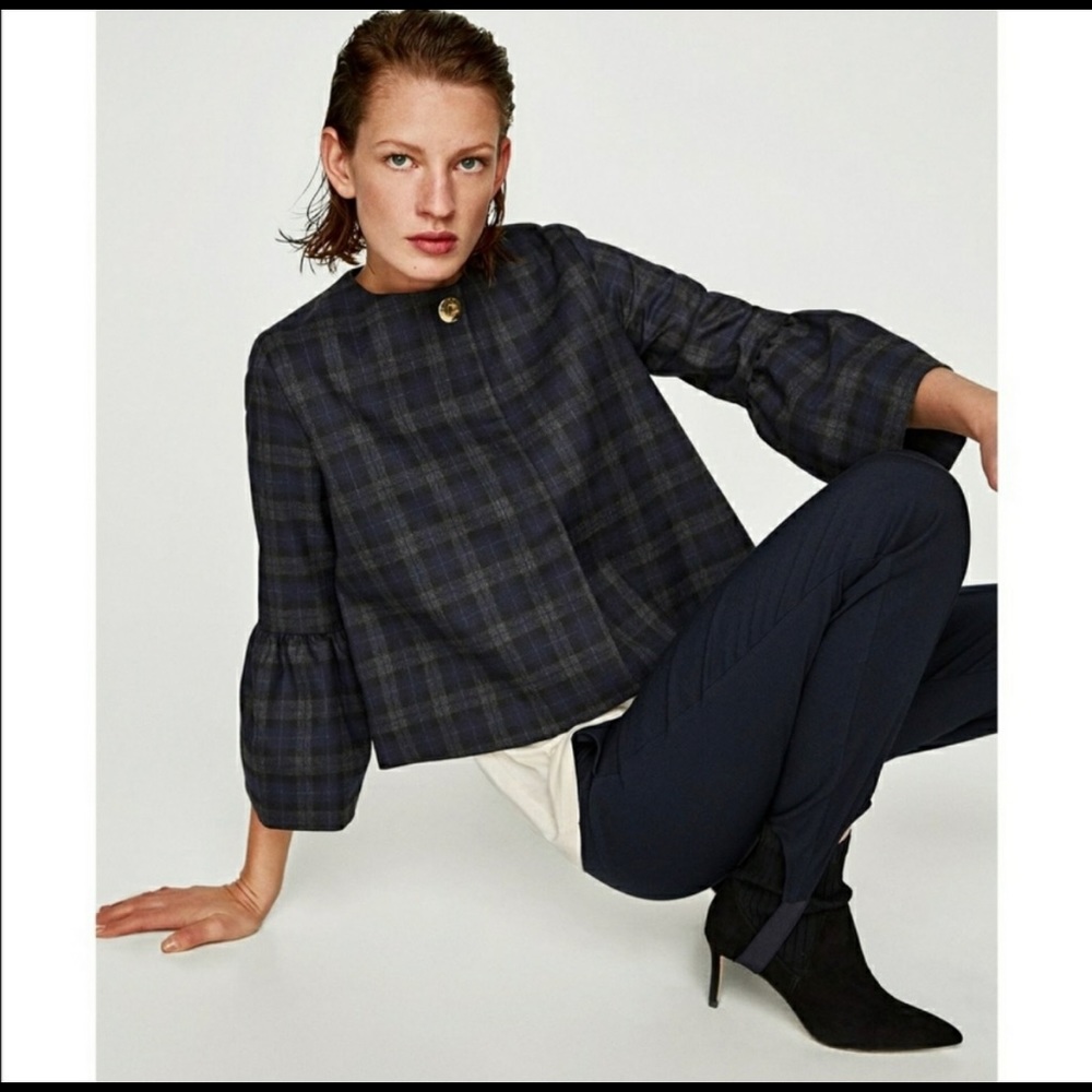 Zara Plaid Statement Sleeve Top